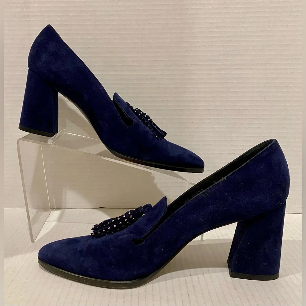Stuart Weitzman Navy Blue Suede Tassel Block Heel Pumps